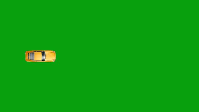 Aerial view of yellow car movement on green screen background