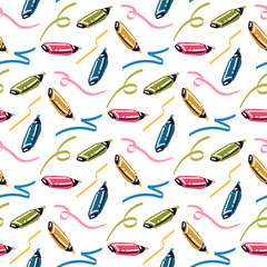 A pattern with colored writing markers and doodles drawn. Cartoon markers, text highlighters. Stylish elements of school, office creative design. Vector. Printing packaging
