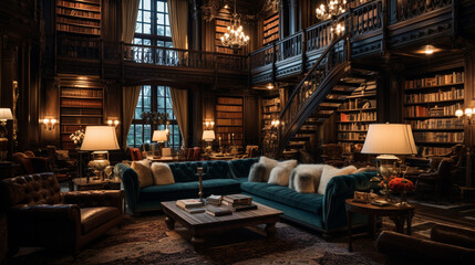 A grand library with floor-to-ceiling bookshelves, cozy reading nooks, and soft ambient lighting 