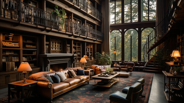 A grand library with floor-to-ceiling bookshelves, cozy reading nooks, and soft ambient lighting 