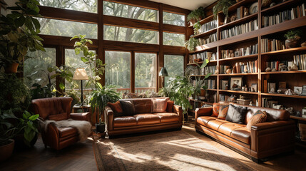 A cozy library with warm-toned furnishings, plush carpets, and shelves adorned with potted plants 