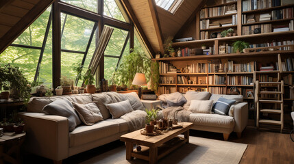 A library with a cozy reading loft, surrounded by bookshelves, offering a tranquil escape 