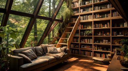 A library with a cozy reading loft, surrounded by bookshelves, offering a tranquil escape 