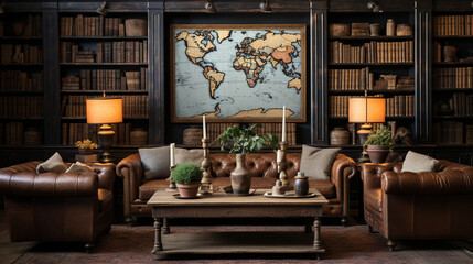 A vintage-inspired library with antique leather armchairs, old maps, and globes as decor  - obrazy, fototapety, plakaty