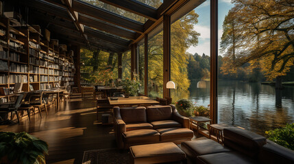 A library with a glass-encased reading room, overlooking a serene lake and picturesque landscape 