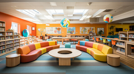 A library with a dedicated children's section, featuring colorful book displays and interactive learning stations  - obrazy, fototapety, plakaty