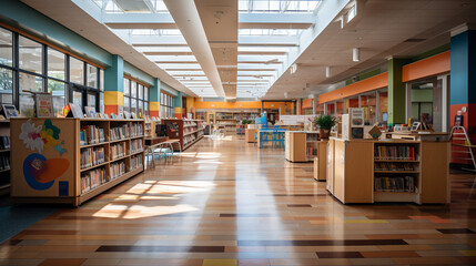 A library with a dedicated children's section, featuring colorful book displays and interactive learning stations 