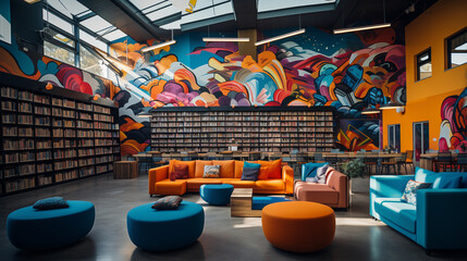 A modern urban library with a vibrant mural, hanging chairs, and a lively atmosphere  - obrazy, fototapety, plakaty