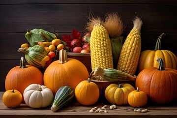 still life of a variety of autumn produce like pumpkins, gourds, apples, and corn, set against a rustic wooden background