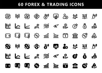 60 Forex and Trading Icons with style solid and line. Vector Illustration.