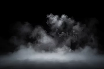 Fototapete Rauch Studio show with white smoke on black background. Abstract backdrop. Modern and classic style.  Product presentation with copy space