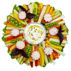 Sliced raw vegetables on a plate with white sauce. Colorful decor for a holiday table, buffet.  On transparent background. Top view