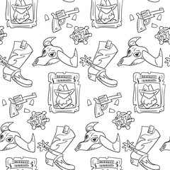 Contoured black and white pattern in western style, cowboy. Desert, search, revolver, bullet, sheriff, boot. Seamless vector for printing on paper and textiles. Thematic packaging. Western Party