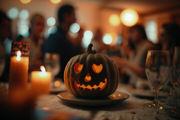 Carved Pumpkin and Jack-o-lantern on dinner table with blurred friends  in party background decorated for a Halloween pumpkins.