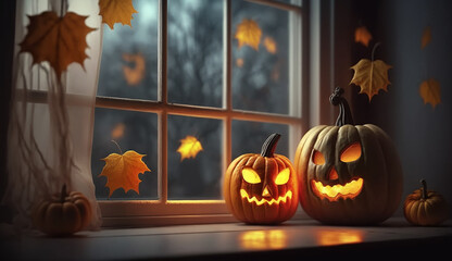 Obraz premium Carved scary Pumpkin and Jack-o-lantern on table by the window , decorated for a Halloween party.