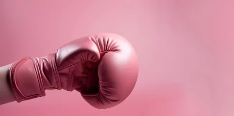 Foto auf Acrylglas Fitness Woman arm and hand is wearing boxing grove and is hooking or fighting with someone or against something, Breast cancer campaign.
