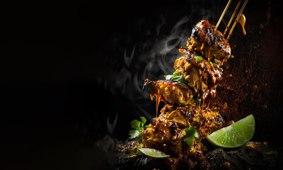 Spicy barbecued grilled beef satay skewers with peanut butter sauce with fresh and lemon on a dark background, Food .