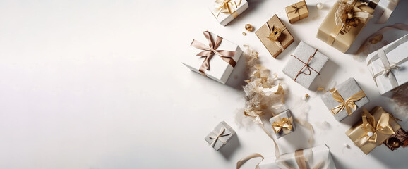 Luxury White gift box with gold ribbon on black background for occasion event, Birthday gift, A Valentines gift ,Merry Christmas and New year party.