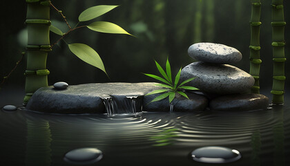 Stack of stone are on water and river with  blur bamboo  background in Zen spa room to prepare for treatment a customer with a natural hygiene wellness healthy spa.