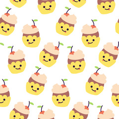A pattern of cupcakes with a smile on a white background. Morning vibe with cream and cherry cupcakes. Seamless background with cartoon fun pastries. Printing on textiles and paper