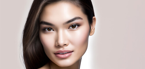 Fototapeta premium close up Pretty supermodel woman with luxury make-up and naked shoulders, looking at camera and smiling,A SKincare and beauty concept.