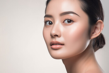 Naklejka premium close up Pretty supermodel woman with luxury make-up and naked shoulders, looking at camera and smiling,A SKincare and beauty concept.