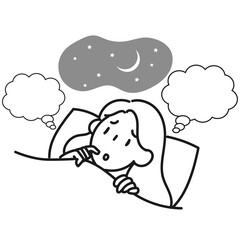 思い悩んで眠れない若い女性のイラスト