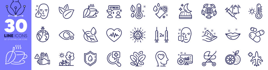 Mattress, Face attention and Medical flight line icons pack. Orange, Heartbeat, Myopia web icon. Blood donation, Skin care, Spinach pictogram. Medical analyzes, Bicycle, Vaccine announcement. Vector
