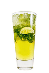 A refreshing citrus cocktail with ice, mint leaves and slices of lime in a drinking glass on a white background.