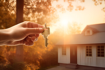 A hand holds a key against the background of the house. Real estate acquisition concept. - obrazy, fototapety, plakaty