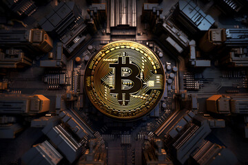 Bitcoin symbol against the backdrop of a computer board