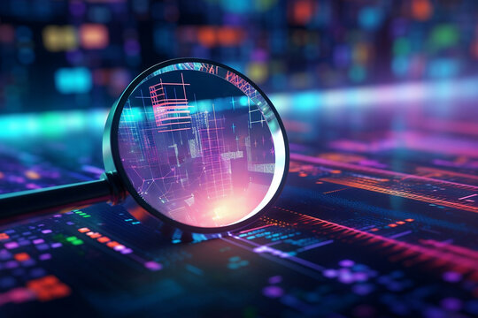 A magnifying glass against a background of luminous graphs, charts, and buttons. Concept of digital technologies.