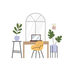 Illustration of working space with the desk, armchair and laptop near the window and plant. Flat hand drawn trendy style with minimal colors.