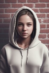 Naklejka premium City portrait of handsome hipster girl with blank hoodie or hoody