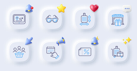 Sunglasses, Discount banner and Baggage cart line icons. Buttons with 3d bell, chat speech, cursor. Pack of Event click, Gift shop, Buyers icon. Baggage size, Gps pictogram. Vector
