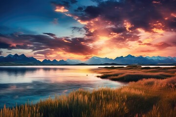 Naklejka premium Landscape with big shaped mountains and blue large clean lake, colorful wallpaper.