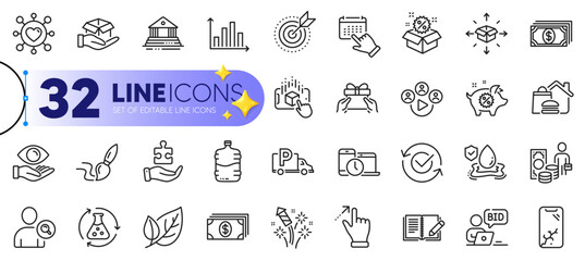 Outline set of Flood insurance, Event click and Court building line icons for web with Approved, Chemistry experiment, Puzzle thin icon. Target purpose, Payment. Design with yellow 3d stars. Vector