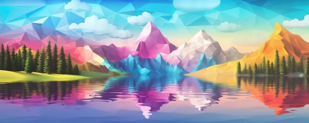 Landscape with big shaped mountains and blue large clean lake, colorful panorama.