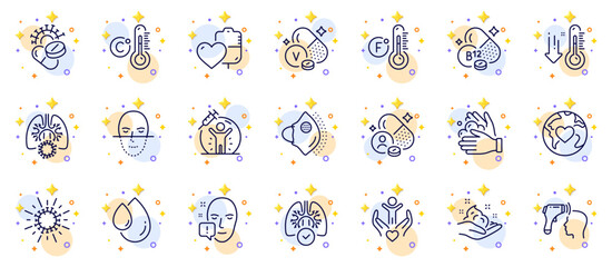 Outline set of Low thermometer, Vaccine protection and Electronic thermometer line icons for web app. Include Lungs, Medical mask, Wash hands pictogram icons. Skin care. Circles with 3d stars. Vector
