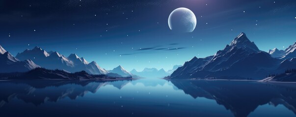 Obraz premium Night landscape with big mountains and blue large clean lake, colorful panorama wallpaper.