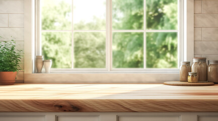 Fototapeta premium Selective focus.Wood desk counter bar in cozy kitchen with window green garden view.food and drink background.ai generated images