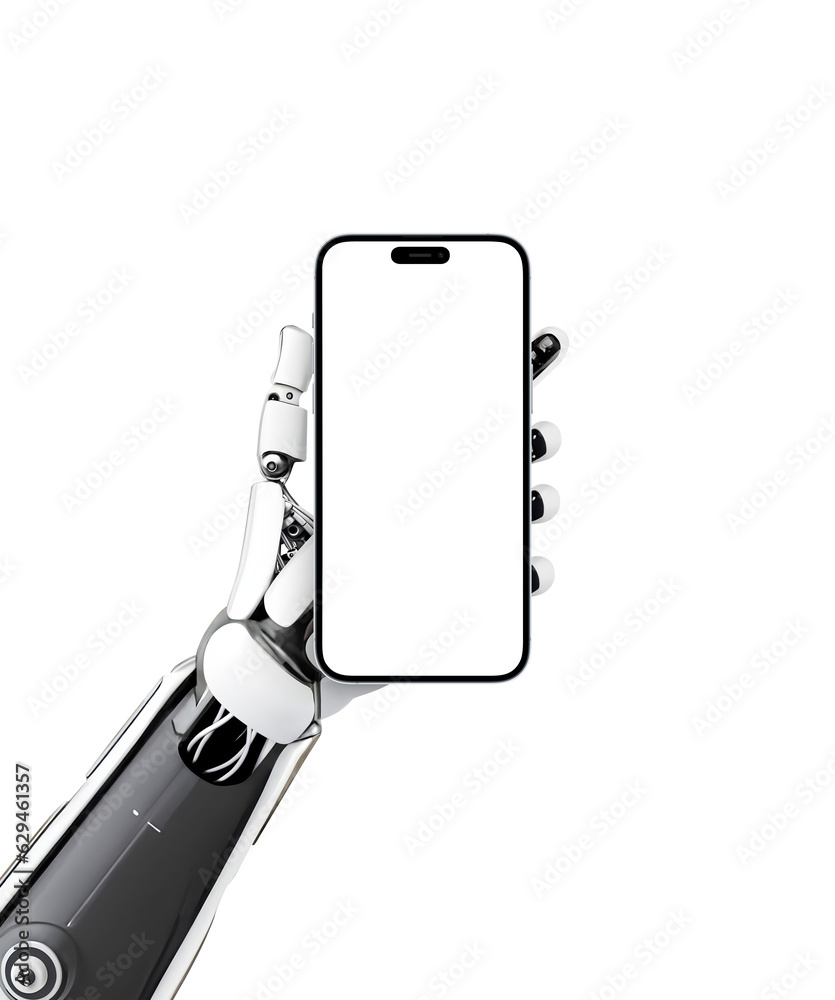 Poster the robotic hand hold smart phone with isolated screen for mockup, app presentation. artificial inte