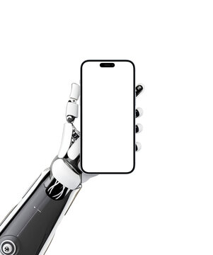 The robotic hand hold smart phone with isolated screen for mockup, app presentation. Artificial intelligence, cybernetics, tecnology concept