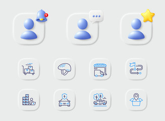 Delivery cart, Pickup and Car charging line icons. Placeholder with 3d star, reminder bell, chat. Pack of Package location, Delivery truck, Bicycle helmet icon. Vector