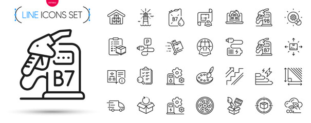 Pack of Charging station, Inspect and Diesel canister line icons. Include Parcel checklist, Innovation, Truck delivery pictogram icons. Co2 gas, Triangle area, Battery signs. Vector