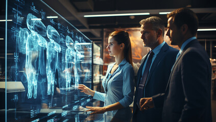 Fototapeta premium Futuristic Medical Hologram Display, Doctors Analyzing 3D Human Anatomy Scans, Advanced Healthcare Technology, Digital Innovation in Medicine