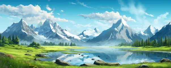 Foto op Canvas Landscape with big shaped mountains and blue large clean lake, colorful panorama. © annamaria