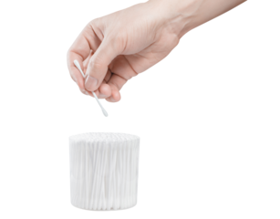 Hand taking a cotton swab out of a plastic container, cut out