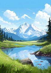 Landscape with big shaped mountains and blue large clean lake, colorful wallpaper.