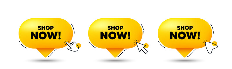 Shop now tag. Click here buttons. Special offer sign. Retail Advertising symbol. Shop now speech bubble chat message. Talk box infographics. Vector